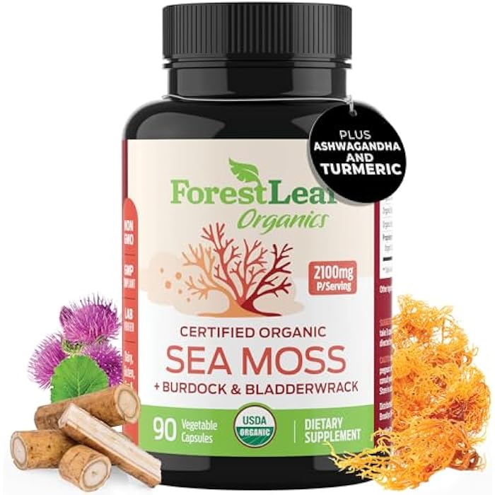 ForestLeaf Organic Irish Sea Moss Capsules | 2100mg Raw Seamoss Pills Advanced Supplement Superfood + Burdock, Bladderwrack for Digestive, Respiratory, Immune Health | 90 Vegan Organic Sea Moss Caps - Image 1