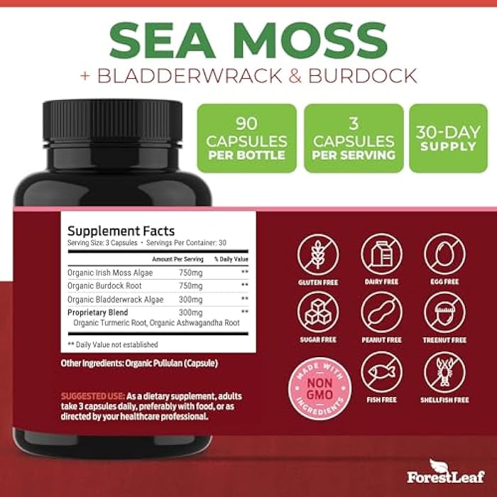 ForestLeaf Organic Irish Sea Moss Capsules | 2100mg Raw Seamoss Pills Advanced Supplement Superfood + Burdock, Bladderwrack for Digestive, Respiratory, Immune Health | 90 Vegan Organic Sea Moss Caps - Image 3
