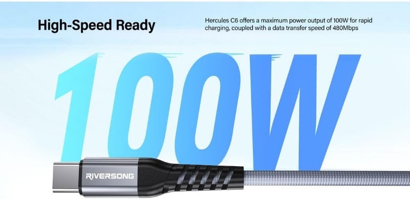 ريفرسونج كابل شحن سريع من نوع RiverSong Hercules C6، من USB-C إلى USB-C بقدرة شحن تصل إلى 100 واط، سرعة نقل بيانات 480 ميجابت في الثانية، سلك ملتوي، متين ومناسب لأجهزة اللابتوب والأجهزة اللوحية والهواتف الذكية، طول الكابل 1.2 متر. - Image 3