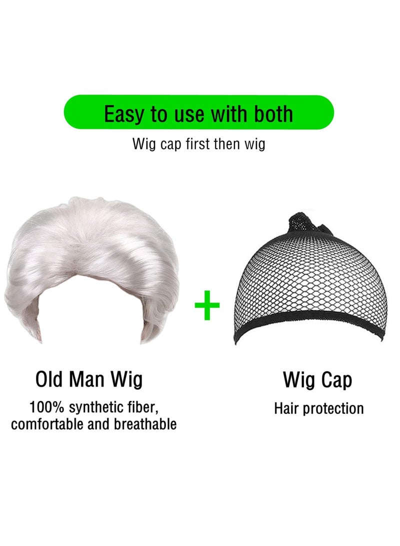 Excefore Old Man Wig for Boy, Grandpa Costume with Grey Mustache for Kids, 100th Day Of School Dress Up Accessories, for Grandpa Cosplay (9pcs White) - Image 3
