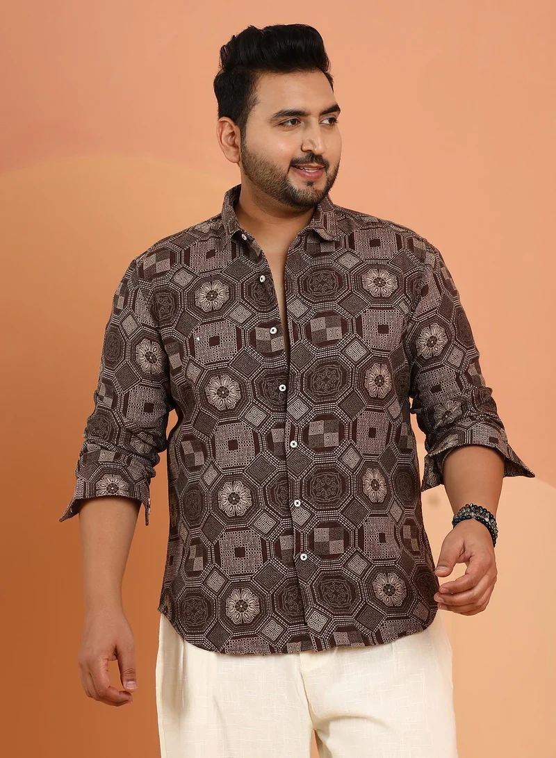 Instafab Plus Instafab Plus Men's Coffee Brown Floral-Kaleidoscopic Shirt For Casual Wear | Spread Collar | Long Cuffed Sleeves | Button Closure | Plus Size Shirt Crafted With Comfort Fit For Everyday Wear