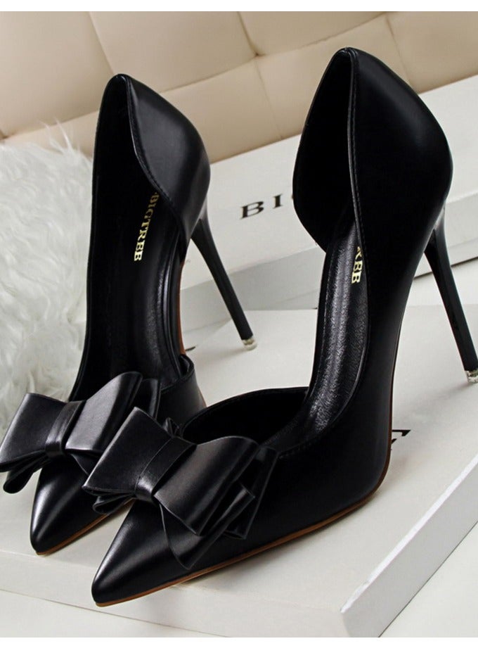 BIGTREE Women's Side Hollow Stiletto Pumps With Bow Knot 10.5 CM Elegant Gorgeous Closed Pointed Toe Slip On Solid High Heels Black - Image 1
