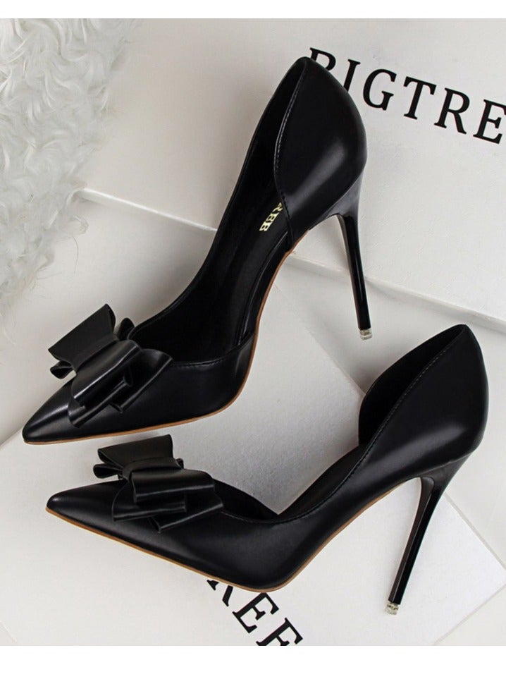 BIGTREE Women's Side Hollow Stiletto Pumps With Bow Knot 10.5 CM Elegant Gorgeous Closed Pointed Toe Slip On Solid High Heels Black - Image 3