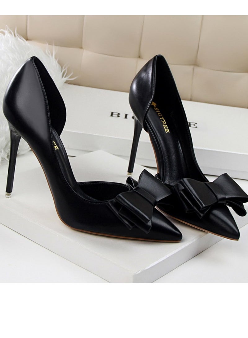 BIGTREE Women's Side Hollow Stiletto Pumps With Bow Knot 10.5 CM Elegant Gorgeous Closed Pointed Toe Slip On Solid High Heels Black - Image 2