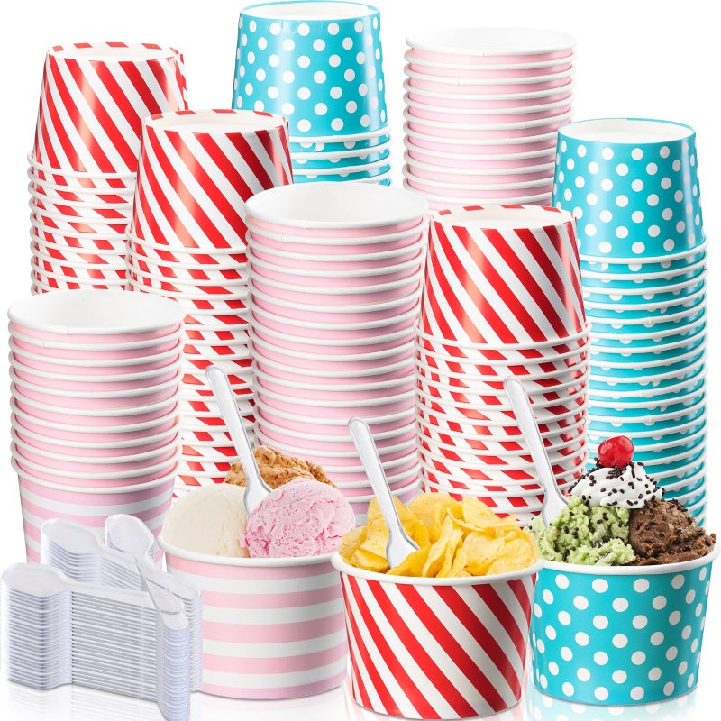 120 Pcs 9 oz Ice Cream Bowls Paper Cups Disposable with 120 Plastic Spoons Individually Packaged Ice Cream Sundae Bowls Soup Cups Clear Plastic Spoons for Dessert Snack Hot Cold Food Picnic Party