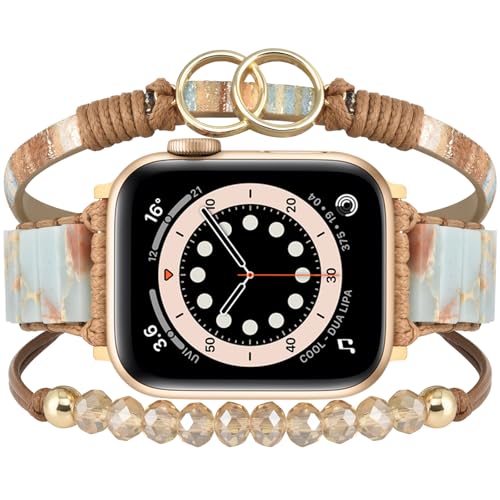 MOFREE Boho Leather Bracelet Compatible with Apple Watch Band for Women 42mm/44mm/45mm/49mm/46mm, Handmade Natural Stone Beaded Wrap Strap Bands for iWatch Series 11/10/9/8/7/6/5/4/3/2/1/SE Band Brown - Image 1