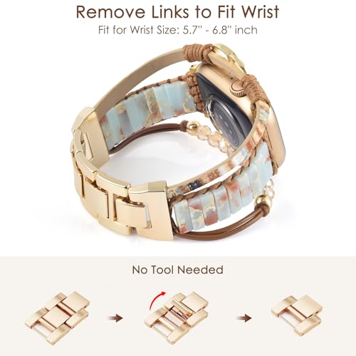 MOFREE Boho Leather Bracelet Compatible with Apple Watch Band for Women 42mm/44mm/45mm/49mm/46mm, Handmade Natural Stone Beaded Wrap Strap Bands for iWatch Series 11/10/9/8/7/6/5/4/3/2/1/SE Band Brown - Image 3