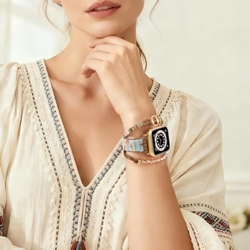 MOFREE Boho Leather Bracelet Compatible with Apple Watch Band for Women 42mm/44mm/45mm/49mm/46mm, Handmade Natural Stone Beaded Wrap Strap Bands for iWatch Series 11/10/9/8/7/6/5/4/3/2/1/SE Band Brown - Image 4