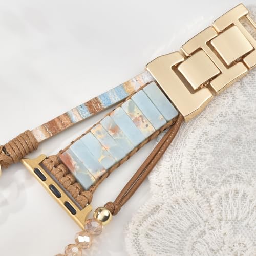 MOFREE Boho Leather Bracelet Compatible with Apple Watch Band for Women 42mm/44mm/45mm/49mm/46mm, Handmade Natural Stone Beaded Wrap Strap Bands for iWatch Series 11/10/9/8/7/6/5/4/3/2/1/SE Band Brown - Image 2