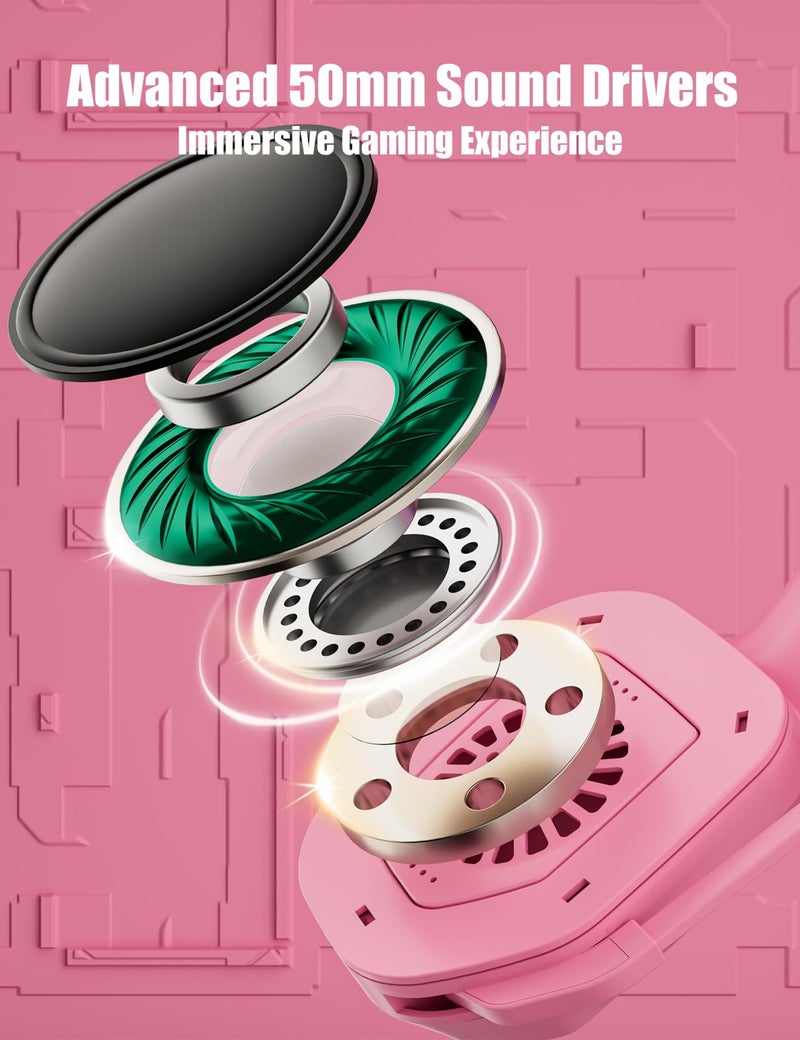 ZIUMIER Gaming Headset with Detachable Cat Ears, Compatible with PS4 PS5 Xbox One PC Laptop, Over-Ear Headphones with LED Light, Noise Canceling Mic, Stereo Surround Sound (Pink) - Image 3