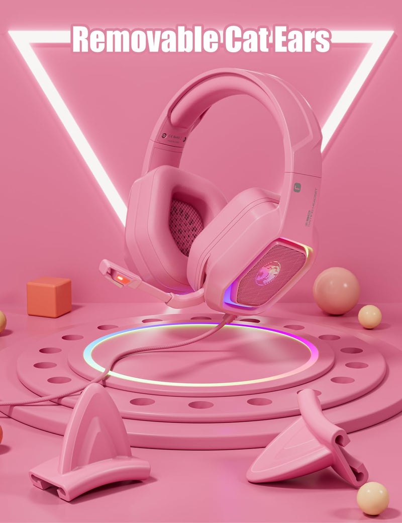 ZIUMIER Gaming Headset with Detachable Cat Ears, Compatible with PS4 PS5 Xbox One PC Laptop, Over-Ear Headphones with LED Light, Noise Canceling Mic, Stereo Surround Sound (Pink) - Image 5