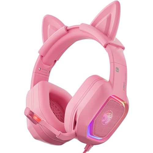 ZIUMIER Gaming Headset with Detachable Cat Ears, Compatible with PS4 PS5 Xbox One PC Laptop, Over-Ear Headphones with LED Light, Noise Canceling Mic, Stereo Surround Sound (Pink) - Image 1