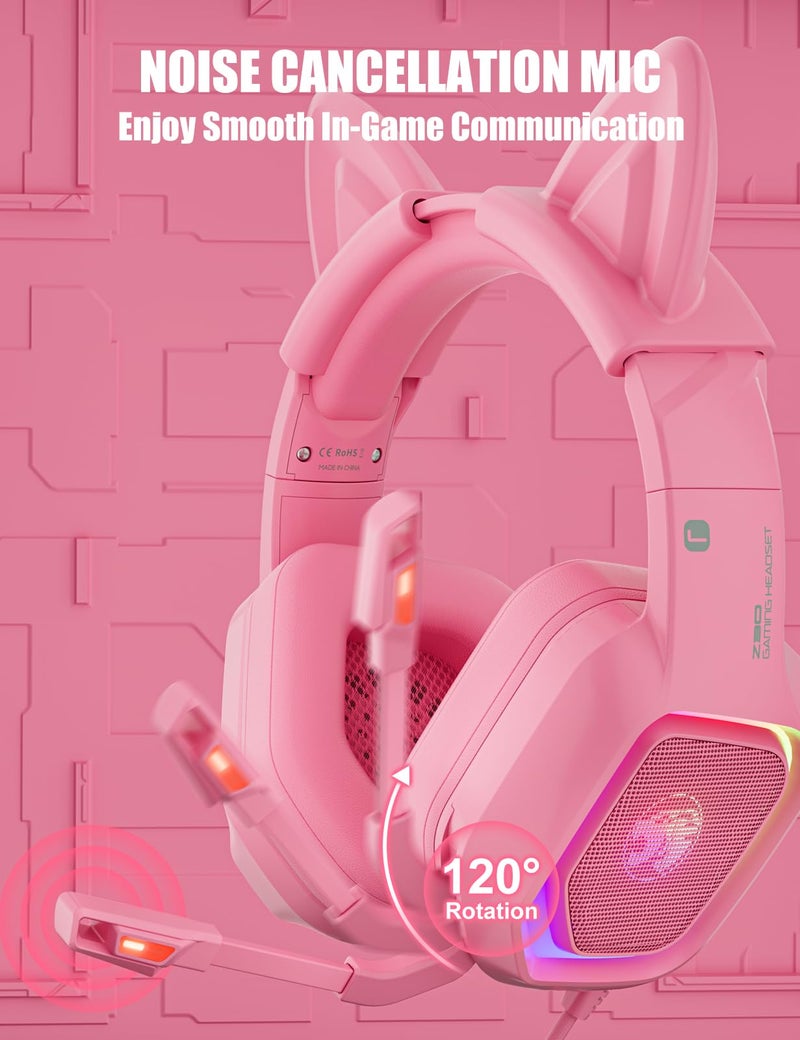 ZIUMIER Gaming Headset with Detachable Cat Ears, Compatible with PS4 PS5 Xbox One PC Laptop, Over-Ear Headphones with LED Light, Noise Canceling Mic, Stereo Surround Sound (Pink) - Image 4