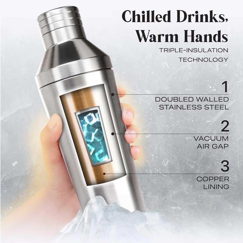 Bare Barrel Insulated Cocktail Shaker Set | Double Wall Stainless Steel | Martini Shaker for Home Bar Bartending | Built-in Drink Measurement System & Strainer, Travel Bag, 35 Recipes | Gift Set (Silver) - Image 2