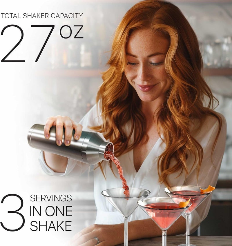 Bare Barrel Insulated Cocktail Shaker Set | Double Wall Stainless Steel | Martini Shaker for Home Bar Bartending | Built-in Drink Measurement System & Strainer, Travel Bag, 35 Recipes | Gift Set (Silver) - Image 3