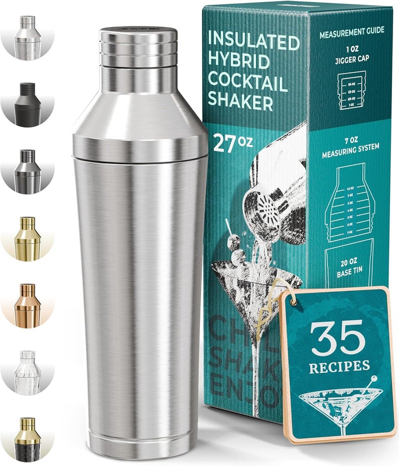 Bare Barrel Insulated Cocktail Shaker Set | Double Wall Stainless Steel | Martini Shaker for Home Bar Bartending | Built-in Drink Measurement System & Strainer, Travel Bag, 35 Recipes | Gift Set (Silver) - Image 1