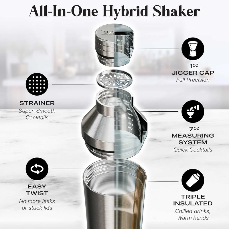 Bare Barrel Insulated Cocktail Shaker Set | Double Wall Stainless Steel | Martini Shaker for Home Bar Bartending | Built-in Drink Measurement System & Strainer, Travel Bag, 35 Recipes | Gift Set (Silver) - Image 4