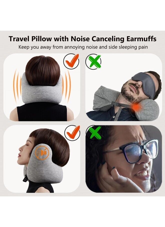 EVERY THINK Travel Pillow for Neck Support, Memory Foam Neck Pillow with Noise Canceling Earmuffs, Carrying Case for Sleeping, Airplane, Travel Rest - Grey