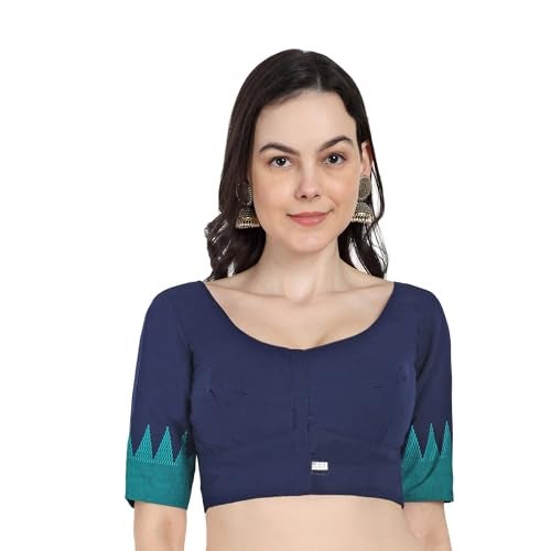 JISB Women's Cotton Elbow Border Sleeve Saree Blouse (Navy, 38) - Image 1