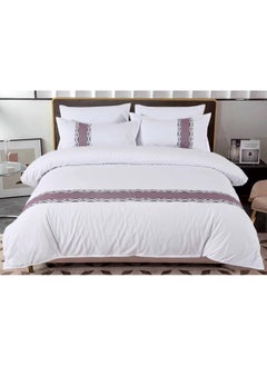 llwoo Premium 400 Thread Count Cotton King Size Quilt Cover Set - Luxurious Sateen Weave Printer Striped Bedding with Hidden Zipper Closure - Includes 4 Pillow Cases (White, 220*240 cm) 
