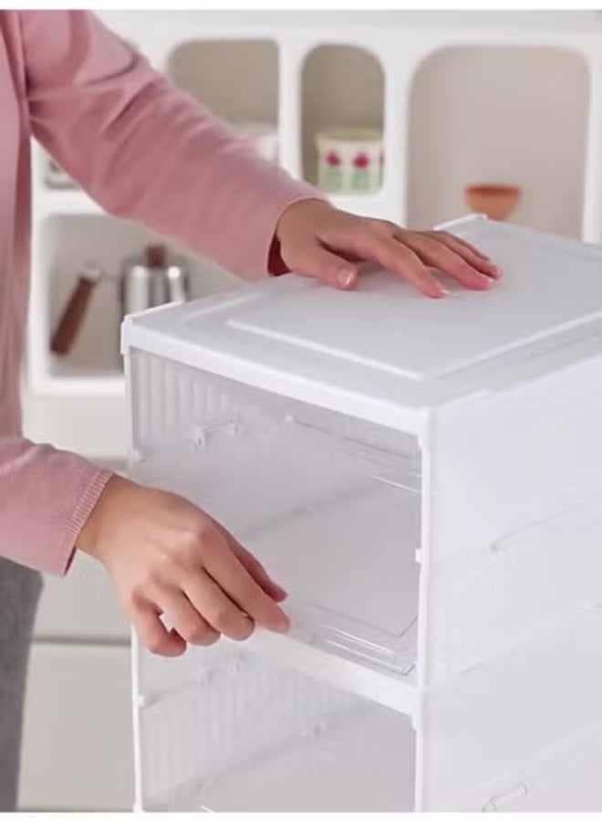 جين فان ل أنا صندوق أحذية، صندوق تخزين أحذية أبيض مُحسّن قابل للطي، لا يتطلب تجميعًا، صندوق أحذية مكون من 6 طبقات مع باب شفاف واحد، رف أحذية بلاستيكي قابل للتكديس، صندوق تخزين أحذية متين. - Image 2