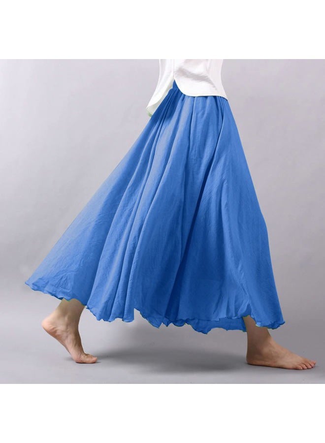 ASHER FASHION Women's Bohemian Style Elastic Waist Band Cotton Linen Long Maxi Skirt Dress, Denim Blue, L - Image 2