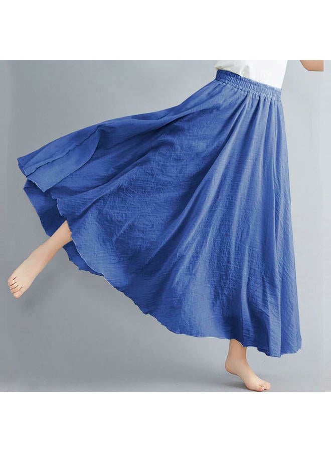 ASHER FASHION Women's Bohemian Style Elastic Waist Band Cotton Linen Long Maxi Skirt Dress, Denim Blue, L - Image 3