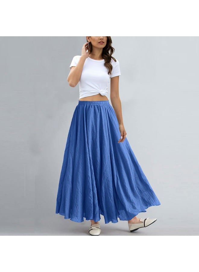 ASHER FASHION Women's Bohemian Style Elastic Waist Band Cotton Linen Long Maxi Skirt Dress, Denim Blue, L - Image 5