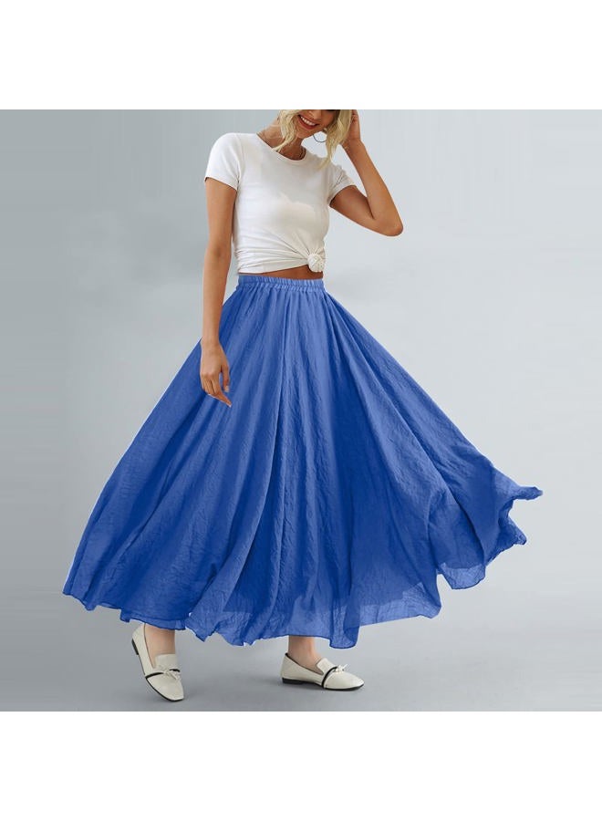 ASHER FASHION Women's Bohemian Style Elastic Waist Band Cotton Linen Long Maxi Skirt Dress, Denim Blue, L - Image 4