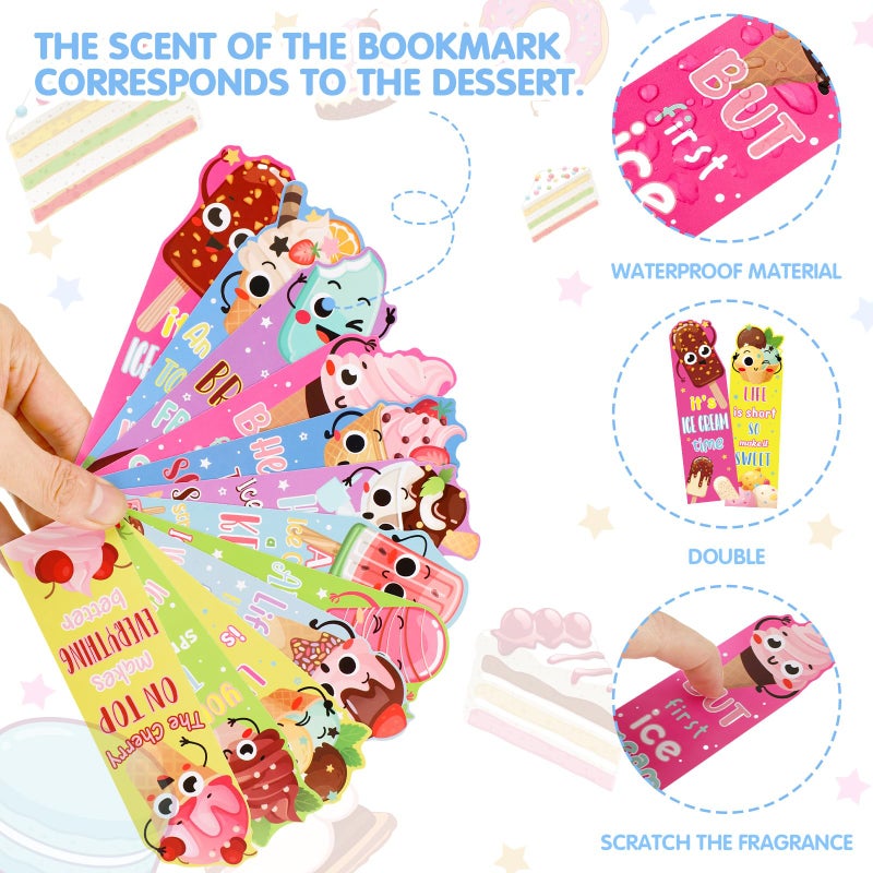Fainne 60 Pieces Ice Cream Scented Bookmarks Kids Bulk Scratch and Sniff Smelly Classroom Valentines Back to School Bookmarks Gift Stuff for Students Christmas End of Year Graduation Birthday Favor - Image 3