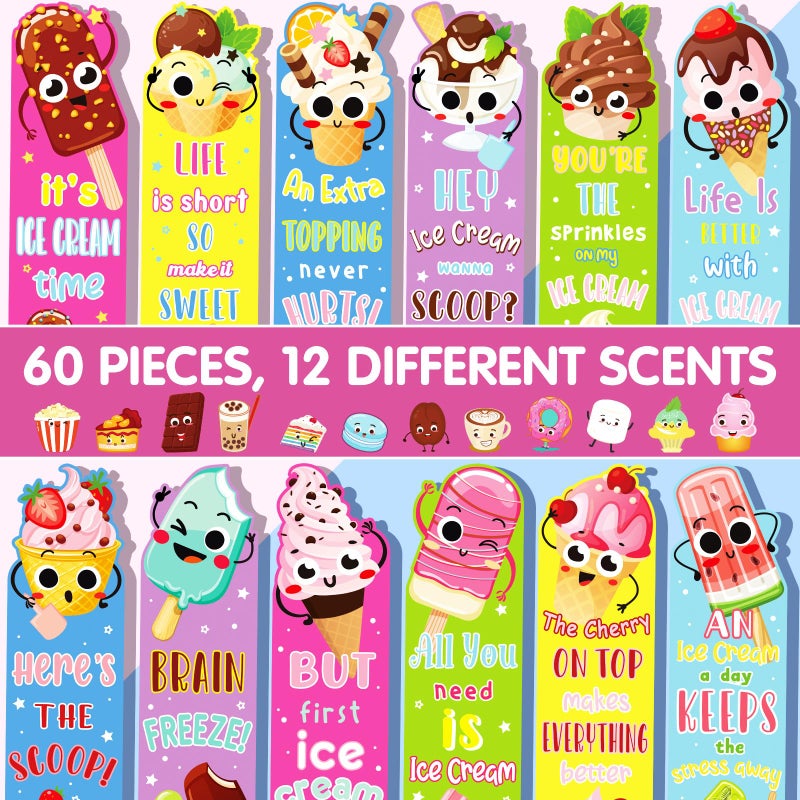 Fainne 60 Pieces Ice Cream Scented Bookmarks Kids Bulk Scratch and Sniff Smelly Classroom Valentines Back to School Bookmarks Gift Stuff for Students Christmas End of Year Graduation Birthday Favor - Image 4