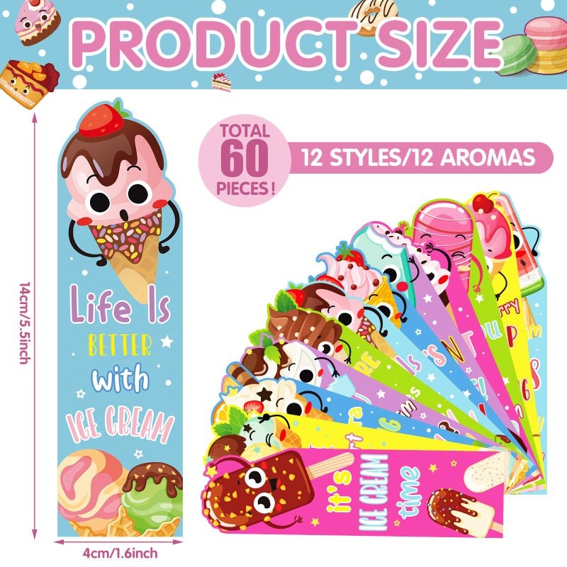 Fainne 60 Pieces Ice Cream Scented Bookmarks Kids Bulk Scratch and Sniff Smelly Classroom Valentines Back to School Bookmarks Gift Stuff for Students Christmas End of Year Graduation Birthday Favor - Image 2