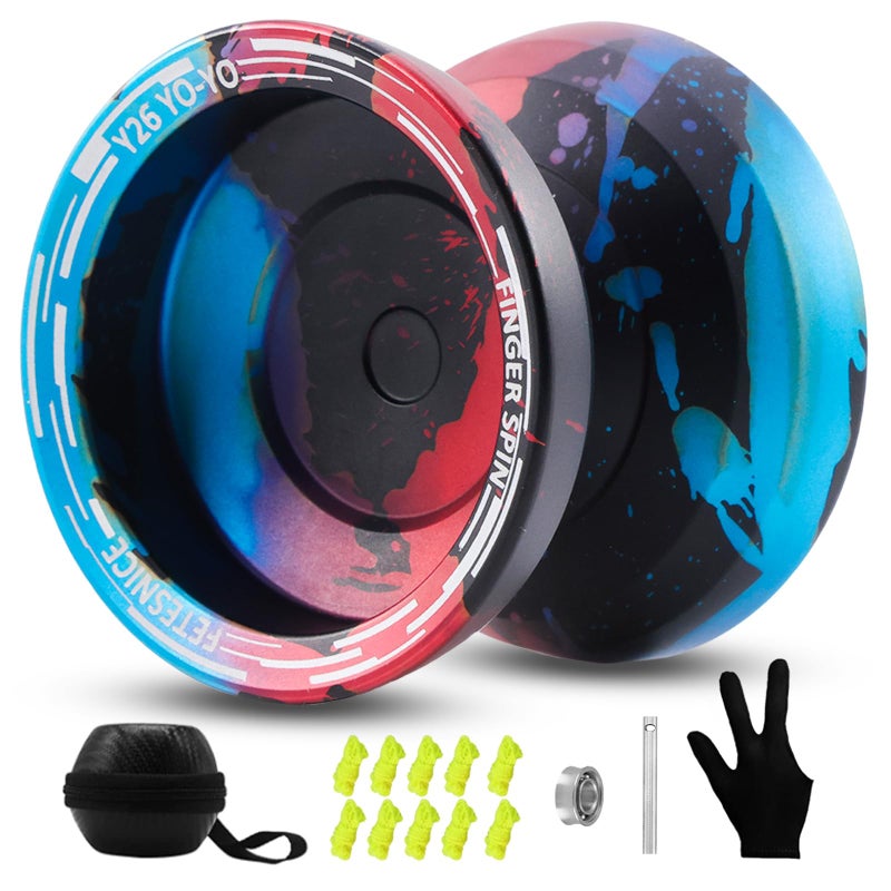FETESNICE Y26 Professional Butterfly YoYo Dual Mode ResponsiveUnresponsive Finger Spin Yoyo for Kids Adults Competition Players Pro YoYo with 10 Strings Case GlovesBlack Blue Red - Image 3