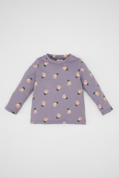 تيشيرت بيبي بناتي فلورال كم طويل قصة عادية بياقة مستديرة