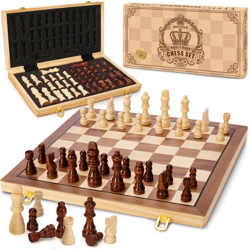 Bstoyder Magnetic Wooden Chess Set for Adults Kids 15 Folding Chess Boards with 2 Extra Queens Portable Travel Chess Sets with Pieces Storage Slots Beginner Chess Game Set for Kids Adults - Image 3