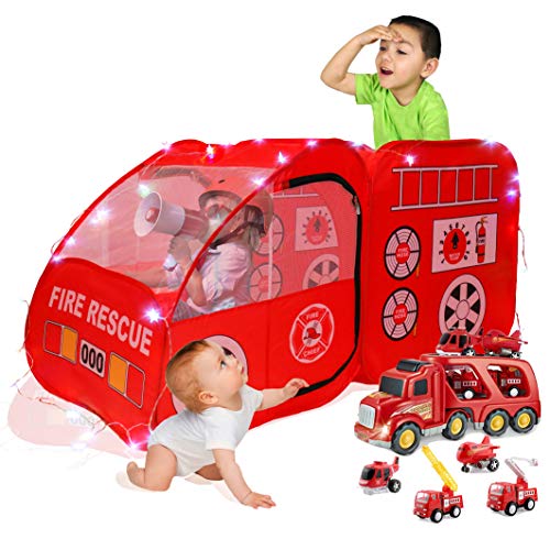 LimitlessFunN Fire Truck Pop Up Kids Play Tent Includes Star Lights Carrying Case Children Indoor Firetruck Playhouse for Boys Toddlers 27 D x 55 W x 27 H - Image 1