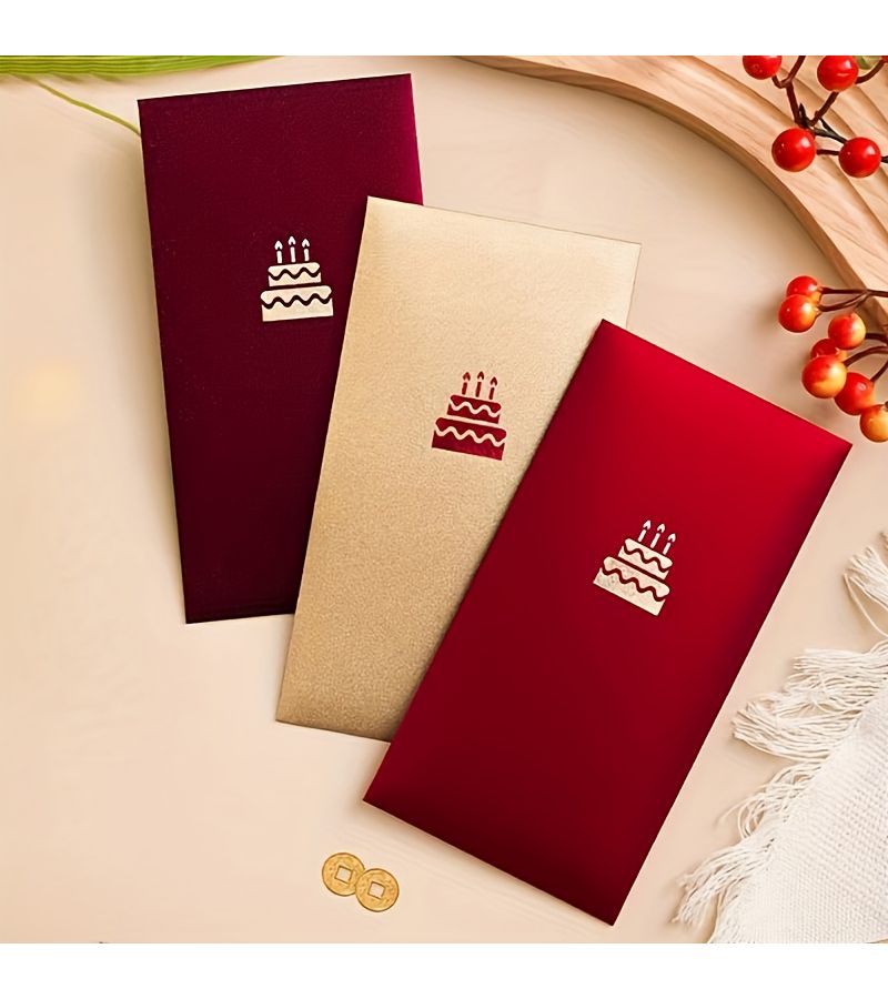 Wine Red Cake Pattern Envelopes 18pcs High Quality Holiday Set Gold Foil Design - Image 1