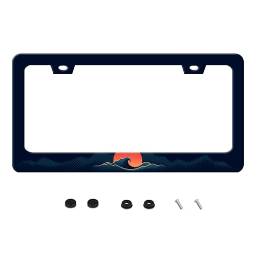 UNINDREM Sun Ocean Waves License Plate Frame Funny Sea Wave Art Stainless Steel License Plate Frames Auto Parts Decoration with Screws License Plate Holder for Men Women 12x6 Inch - Image 1