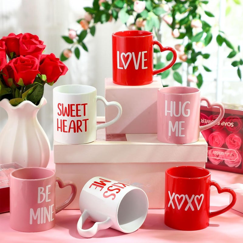 Pickmesh Valentines Coffee Mug Set of 6 10 oz Valentines Mugs with Handle Pink Red White Ceramic Enamel Cups for Gift Party Supplies - Image 3