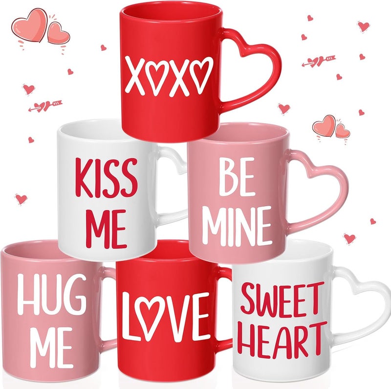 Pickmesh Valentines Coffee Mug Set of 6 10 oz Valentines Mugs with Handle Pink Red White Ceramic Enamel Cups for Gift Party Supplies - Image 1
