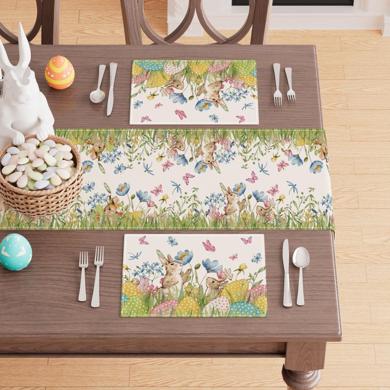 XCHI Watercolor Cute Bunny Eggs Grass Flowers Rabbits Easter Placemats Set of 4 Table Mats for Party Home Kitchen Dining Table Decorations 12x18 Inch - Image 3