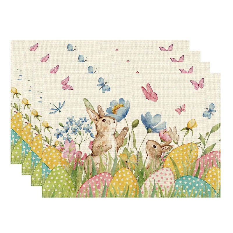 XCHI Watercolor Cute Bunny Eggs Grass Flowers Rabbits Easter Placemats Set of 4 Table Mats for Party Home Kitchen Dining Table Decorations 12x18 Inch - Image 1