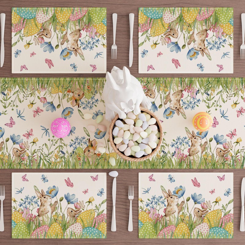 XCHI Watercolor Cute Bunny Eggs Grass Flowers Rabbits Easter Placemats Set of 4 Table Mats for Party Home Kitchen Dining Table Decorations 12x18 Inch - Image 4