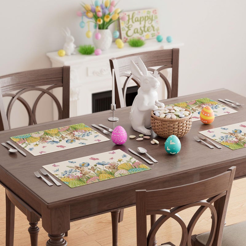 XCHI Watercolor Cute Bunny Eggs Grass Flowers Rabbits Easter Placemats Set of 4 Table Mats for Party Home Kitchen Dining Table Decorations 12x18 Inch - Image 2