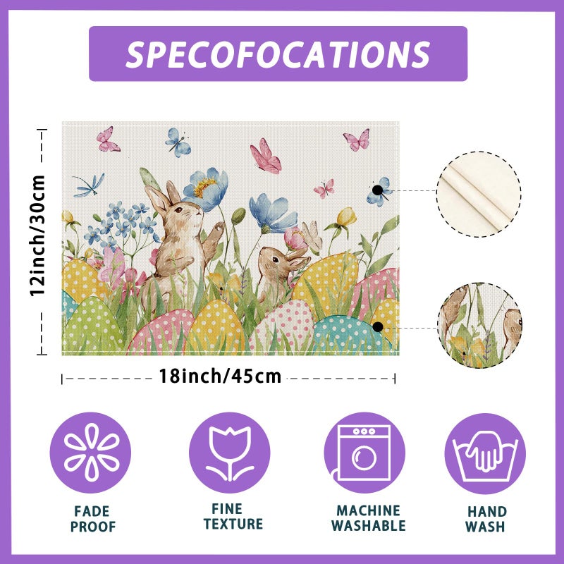 XCHI Watercolor Cute Bunny Eggs Grass Flowers Rabbits Easter Placemats Set of 4 Table Mats for Party Home Kitchen Dining Table Decorations 12x18 Inch - Image 5