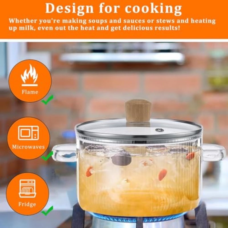 Glass Cooking Pot, Clear Simmer Pots with Lid, 1.6L/54oz Glass Saucepan with Cover Non-Stick Borosilicate Glasses Stovetop Pot for Pasta Noodle Soup Milk - Image 3