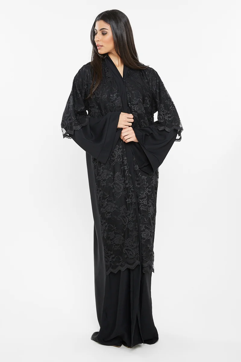 NUKHBAA A sensuous abaya with a floral knitted top layer .-AJ102A
