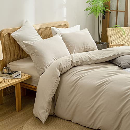 BESTOUCH Duvet Cover Set 100% Washed Cotton Linen Feel Super Soft Comfortable Chic Lightweight 2 PCs Home Bedding Set Solid Almond Milk Grey Twin/Twin XL - Image 2