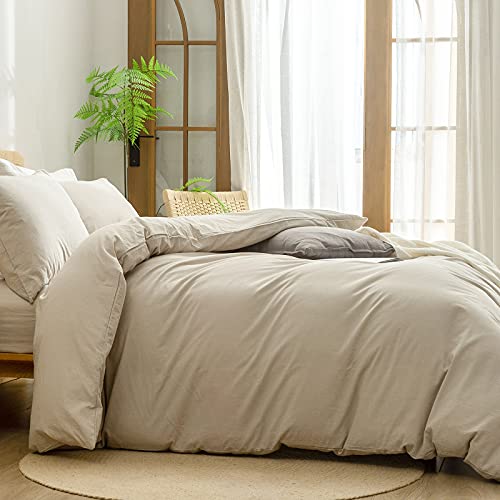 BESTOUCH Duvet Cover Set 100% Washed Cotton Linen Feel Super Soft Comfortable Chic Lightweight 2 PCs Home Bedding Set Solid Almond Milk Grey Twin/Twin XL - Image 3