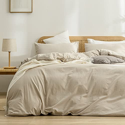BESTOUCH Duvet Cover Set 100% Washed Cotton Linen Feel Super Soft Comfortable Chic Lightweight 2 PCs Home Bedding Set Solid Almond Milk Grey Twin/Twin XL - Image 1